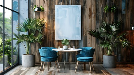 Stylish Teal Chairs and Round Table in a Modern Rustic Dining Room with Large Plants and Abstract Art