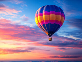Obraz premium Hot Air Balloon over Landscape – A Vibrant Hot Air Balloon Floating Above Scenic Views