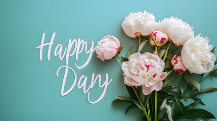 un fondo azul claro con espacio de copia con un ramo de flores elegantes y las palabras de feliz dia para tarjeta del dia de la madre o de cumpleaños