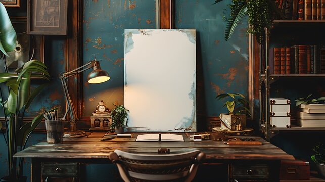 Rustic Home Office Desk with Blank Canvas Mockup Perfect for Artwork or Design Presentation