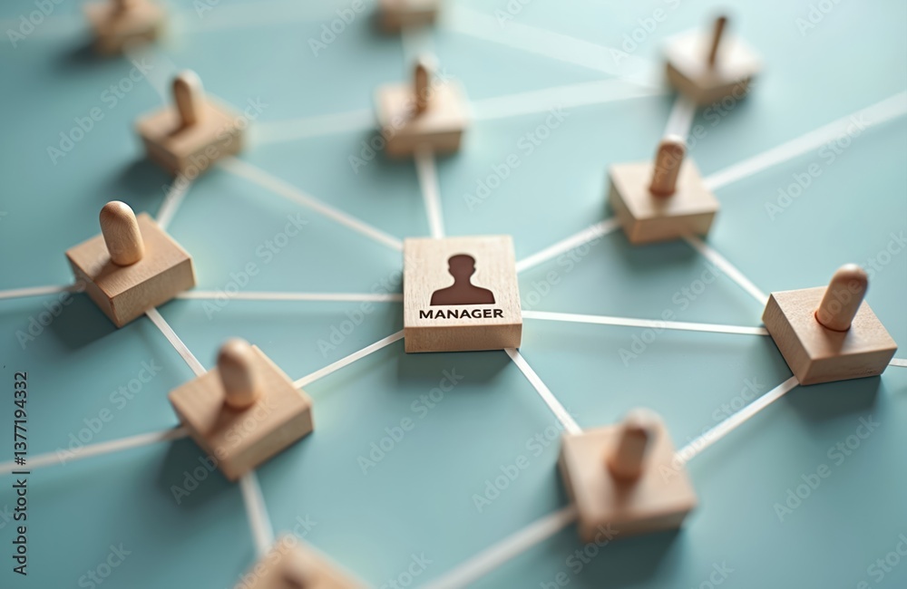Poster Wooden cube block with manager icon connected to team members by connection lines. Organization structure company network teamwork concept. Leadership executive management human resources relation.