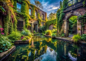 D&uuml;sseldorf North Park: Hidden Urban Oasis, Secret Water Garden, Lush Greenery,  Overgrown Architecture,  Urban Exploration Photography