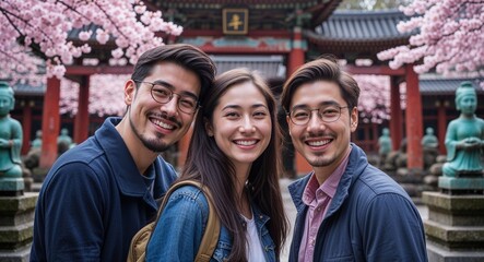 Naklejka premium Happy friends smiling in cherry blossom temple with ancient statues background portrait photo 