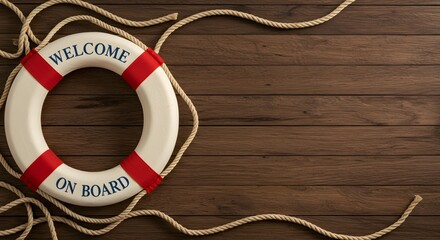 Life Ring with Welcome On Board Message on Wooden Background   © ANASTASIIA