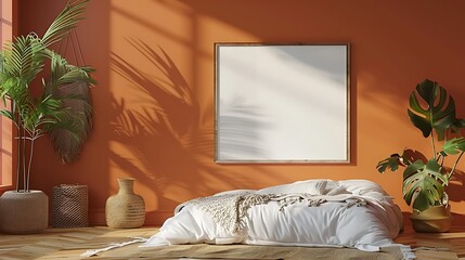 Serene Bedroom Design with Blank Canvas Mockup Sunlit Minimalist Interior Featuring Plants and Textured Decor