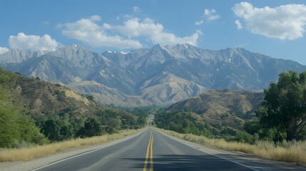 Naklejka premium Scenic road with lush green mountains in the background offering a perfect road trip experience