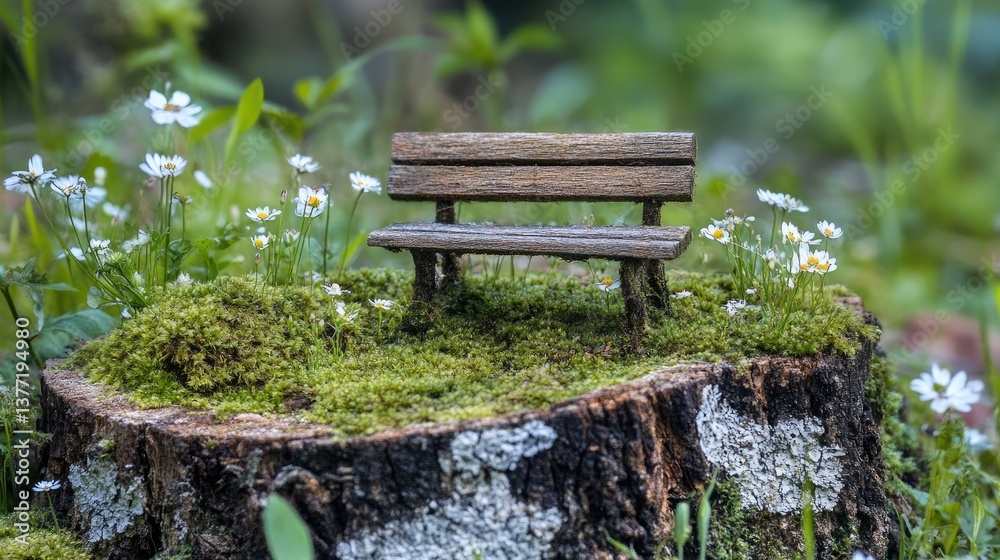 Aufkleber a miniature, rustic park bench rests on a slice of tree trunk, with moss-covered patches and tiny wi