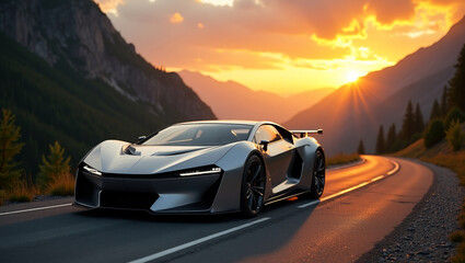 Fototapeta premium Sleek silver sports car on scenic mountain road at sunset. Blazing skies complimenting its aerodynamic design.