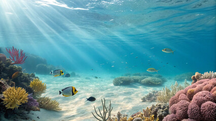 Underwater waves with rays of light penetrating and exotic sea creatures, AI