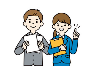要点を説明する、若い男女の会社員のベクターイラスト素材＿＿線の編集可能＿カラー