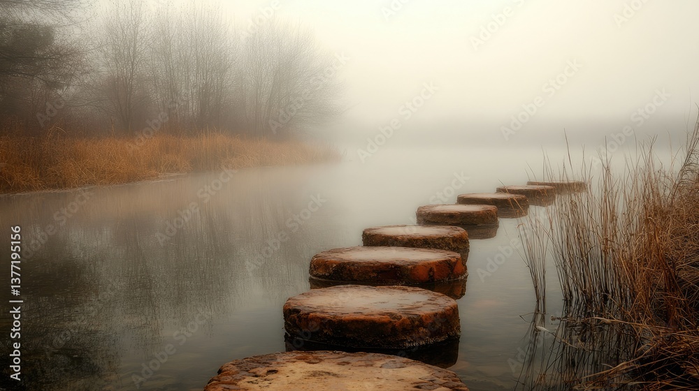 Poster a mist-covered landscape with rusted stepping stones crossing a still water surface, creating a tran