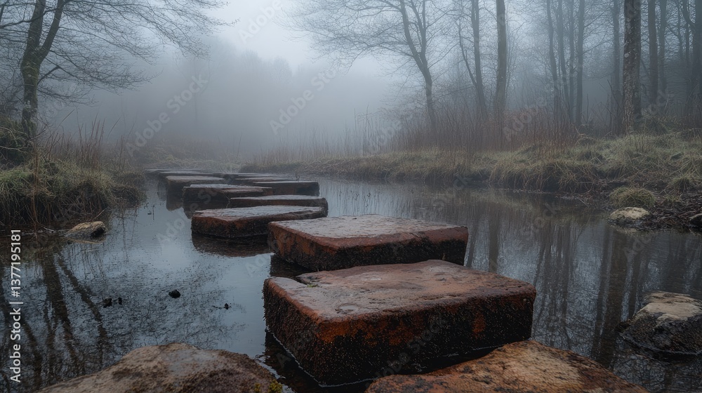 Poster a mist-covered landscape with rusted stepping stones crossing a still water surface, creating a tran