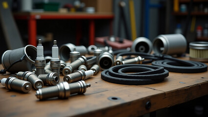 Naklejka premium An assortment of car parts like spark plugs, pulleys, and filters sit on a worn wood table in a garage or workshop setting, ready for use.