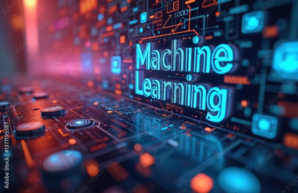 Fototapete Futuristic computer screen displays Machine Learning text, holographic information, innovative visuals. AI technology, digital display innovative programming, future of tech. AI, machine learning