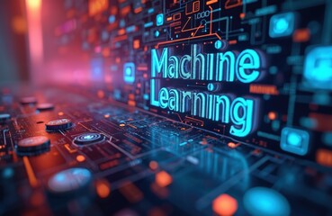 Futuristic computer screen displays Machine Learning text, holographic information, innovative visuals. AI technology, digital display innovative programming, future of tech. AI, machine learning