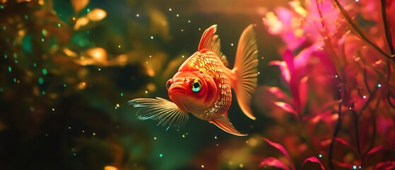 Blind cavefish surrounded by glowing bioluminescent plants suddenly opening vibrant luminous eyes ethereal underwater lighting creating surreal reflections and shadows