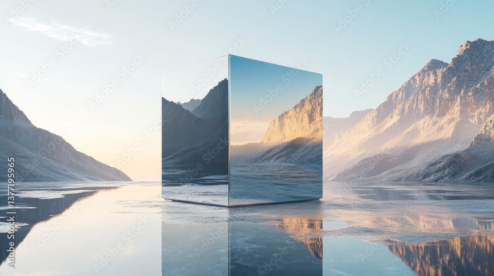 Poster A reflective cube mirrors a breathtaking landscape with mountains and a clear sky, creating an abstract yet serene visual illusion.