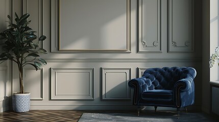 Elegant Blue Velvet Armchair in a Luxurious Room Interior Design