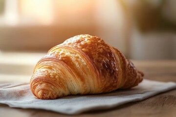 A fresh golden croissant rests on a folded linen napkin