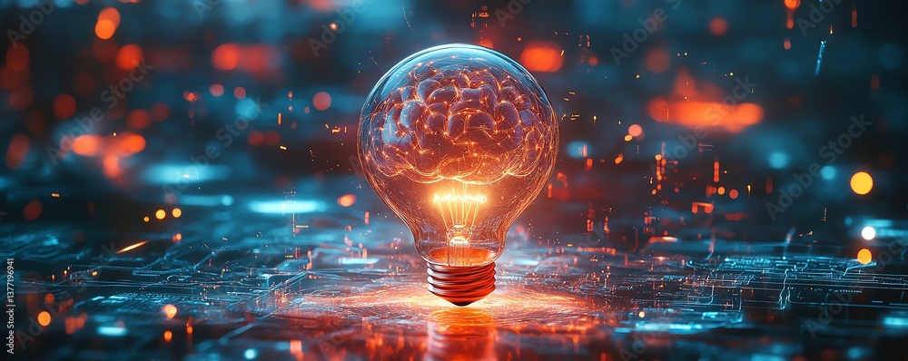 Poster an innovative fusion of a glowing light bulb and a brain