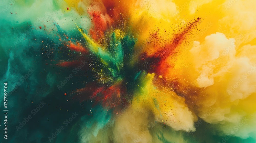 Poster a swirl of vibrant green, yellow, and red powders on a light background, creating a dynamic, artisti
