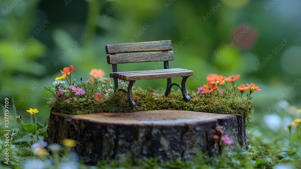 Poster A tiny, aged park bench placed on a slice of tree trunk, adorned with moss and surrounded by miniature wildflowers, creating an enchanting, rustic atmosphere.