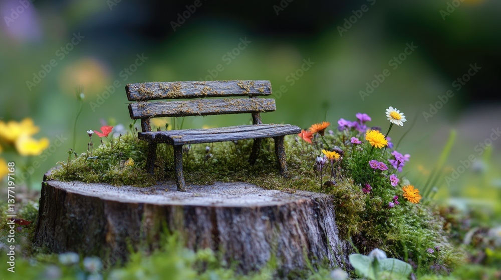 Poster A tiny, aged park bench placed on a slice of tree trunk, adorned with moss and surrounded by miniature wildflowers, creating an enchanting, rustic atmosphere.