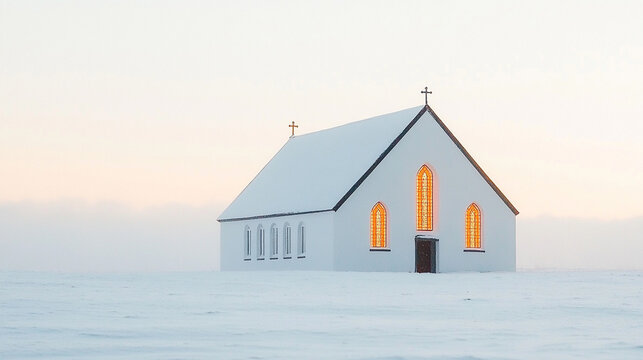 Snow blankets a quaint church with warmly glowing windows, radiating unity and hope. Amid the cold, modern world, its light symbolizes spiritual warmth, resilience, and inner peace.

 - Powered by Adobe