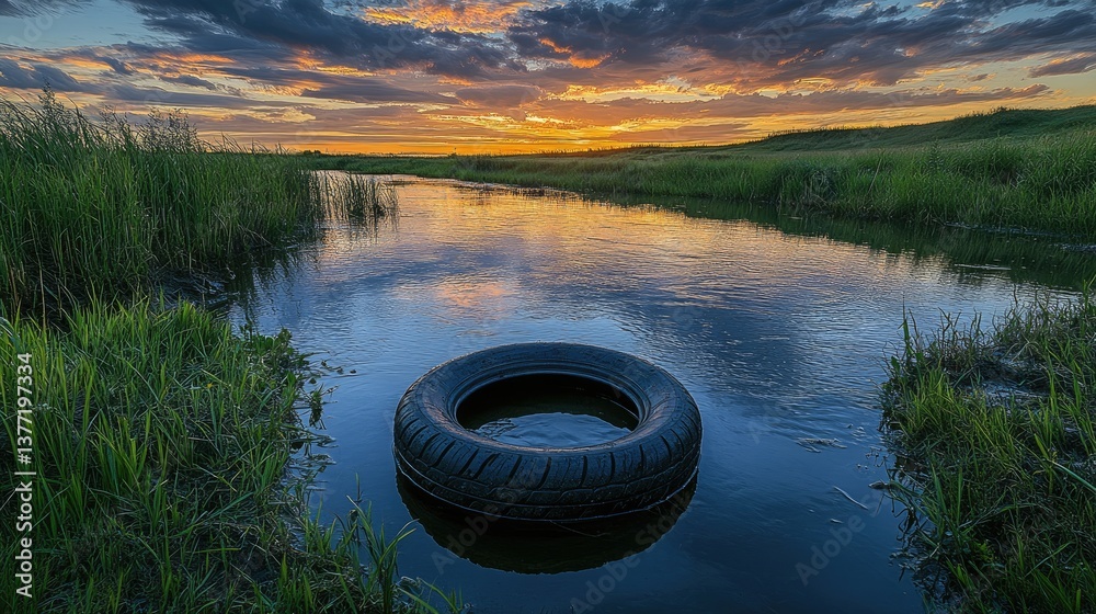 Poster a tire half-submerged in a river at sunset, with the surrounding grass and clouds reflecting on the 