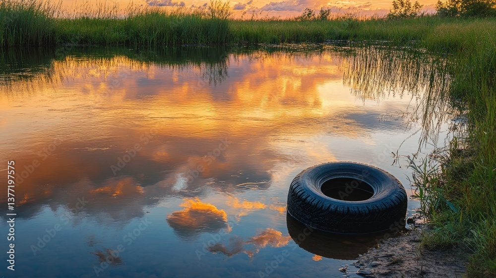 Poster A tire partially submerged in a river at sunset, surrounded by grass, with soft clouds and colorful reflections on the water, creating a serene atmosphere