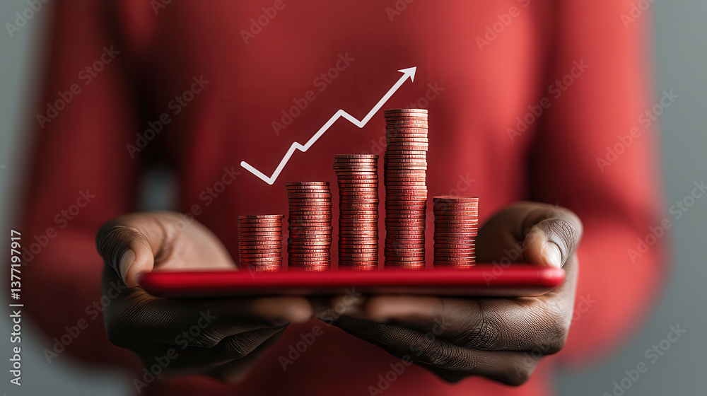Fototapete person holds red tablet displaying stack of coins with upward graph, symbolizing financial growth an