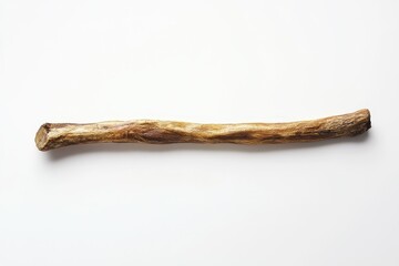 A single long piece of weathered wood sits on white