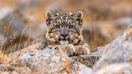 Obraz premium Majestic Snow Leopard Cub Resting on Rocks in its Mountain Habitat