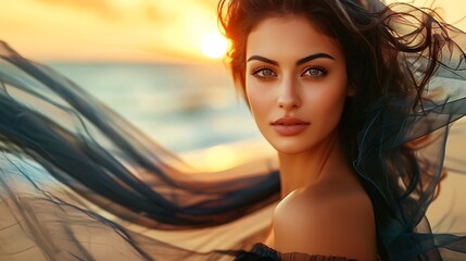 Beautiful Woman with Long Brown Hair at Sunset Beach Wearing Sheer Fabric