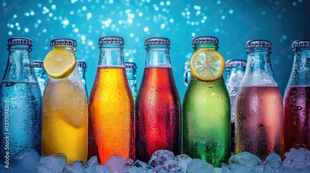 Poster a vibrant display of chilled glass bottles and cans of various fizzy drinks, including cola and lemo