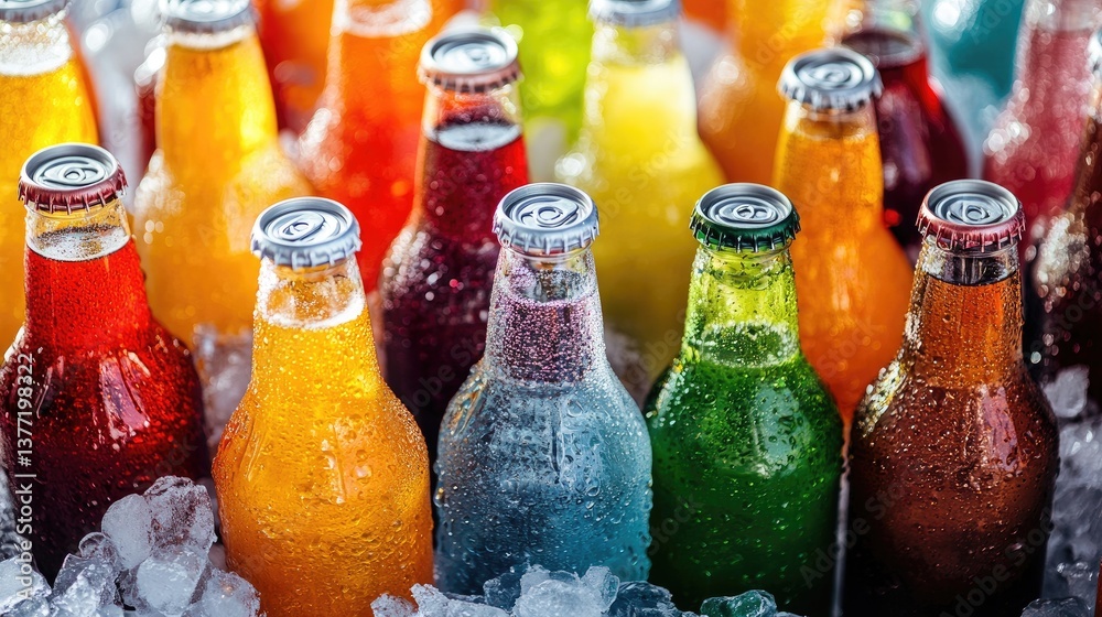 Poster a vibrant display of chilled glass bottles and cans of various fizzy drinks, including cola and lemo