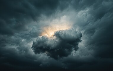 Obraz premium Dark, stormy clouds with a single point of light breaking through the center. The image evokes a sense of hope amidst darkness