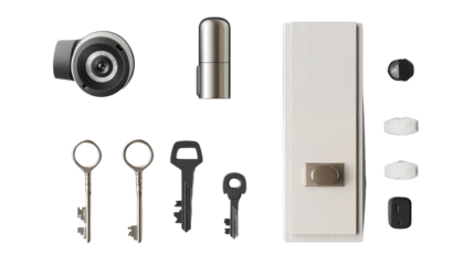 Home security items, door lock, key, and camera, Transparent background, PNG file background,