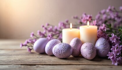 Easter composition with decorated eggs, candles, flowers. Wooden table setting. Festive arrangement of spring holiday decor, symbol of new life, celebration, religious tradition, family gathering.