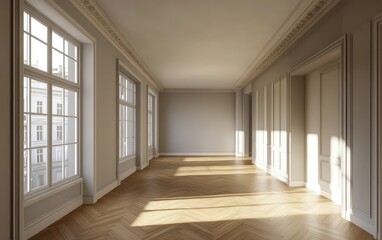 Empty spacious hallway, sunlight streaming through large windows