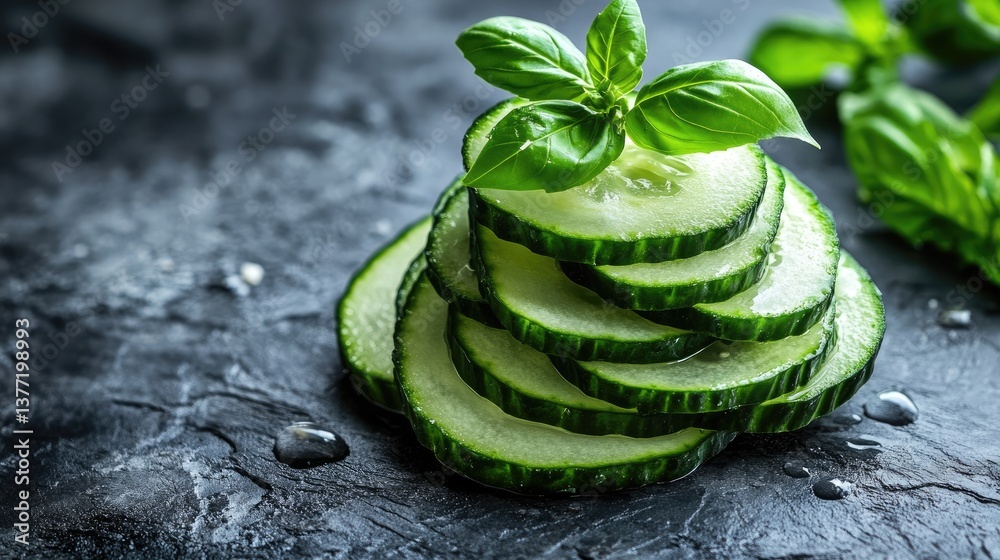 Poster a vibrant pyramid of sliced cucumbers, topped with a fresh basil leaf, showcasing a creative and hea