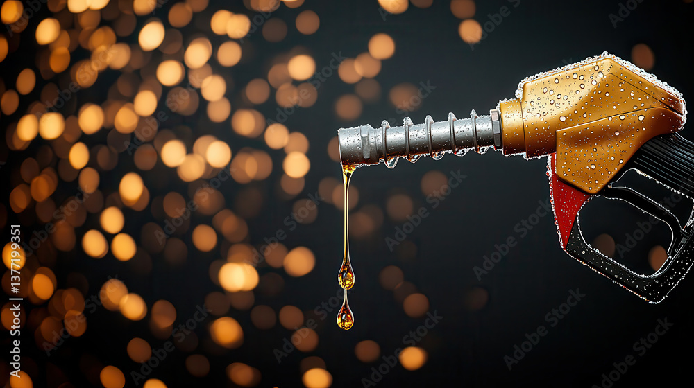 Poster close up of golden gasoline pump nozzle with droplets of fuel against bokeh background, creating dra