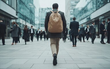 A man with a tan backpack walks away from the camera down a city street, surrounded by a crowd of business people.  The scene is shot from behind the man, focusing on his journey and the busy urban