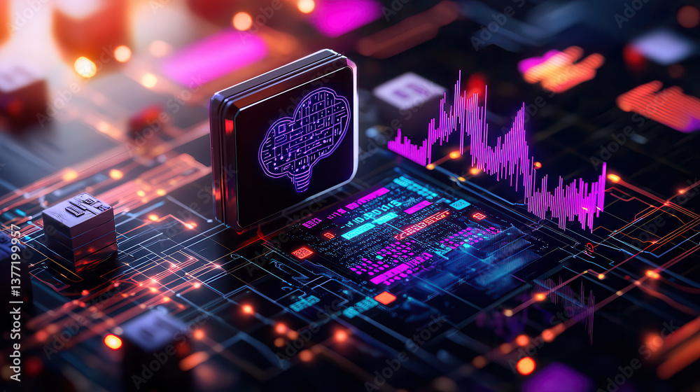 Poster conceptual image of artificial intelligence algorithms, featuring digital brain icon and data visualization on circuit board, highlighting technology and innovation
