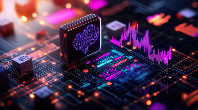 conceptual image of artificial intelligence algorithms, featuring digital brain icon and data visualization on circuit board, highlighting technology and innovation