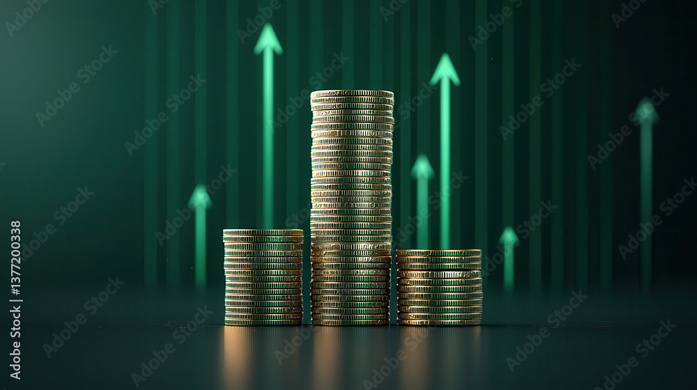 Poster stack of gold coins is arranged against green background with upward arrows, symbolizing financial g