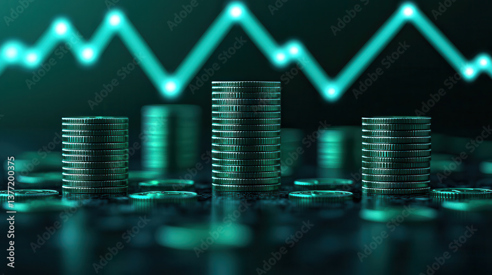 Poster stacks of coins are arranged against backdrop of glowing financial graph, symbolizing economic growt