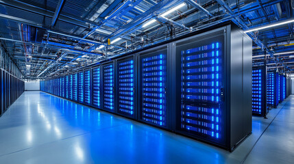 futuristic data center featuring rows of glowing blue servers, showcasing advanced technology and sleek design. atmosphere is high tech and efficient, ideal for data processing