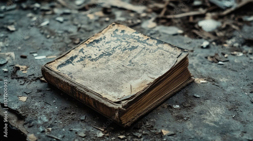 Poster a worn and damaged book lies on a weathered surface, surrounded by debris, evoking a sense of abando