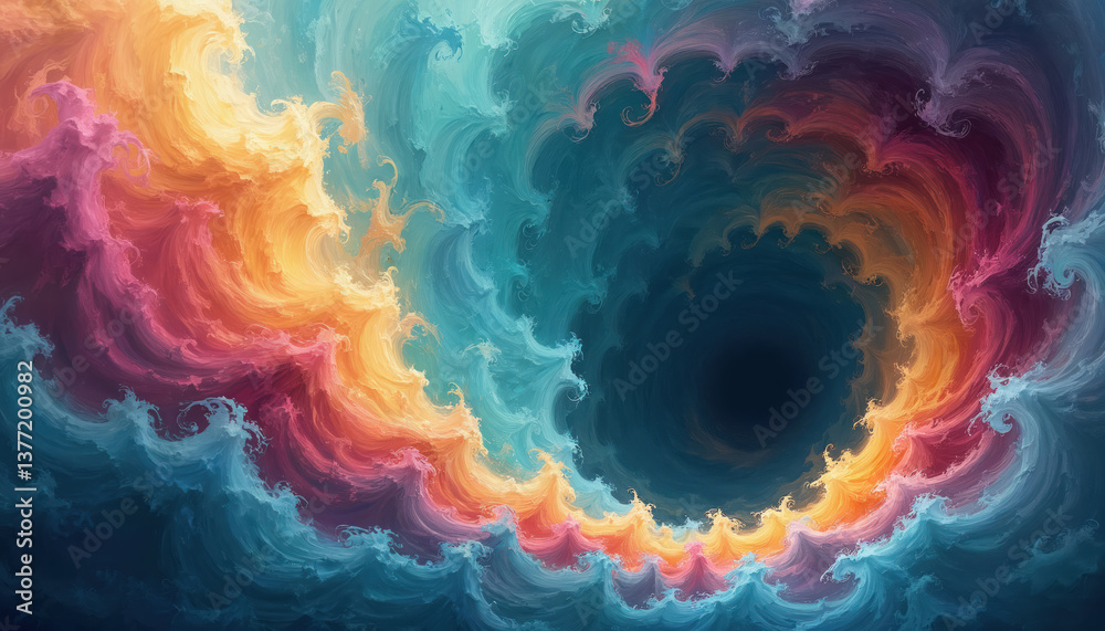 Poster abstract digital artwork shows swirling vortex of vivid colors. bright colours flow to center. dynam